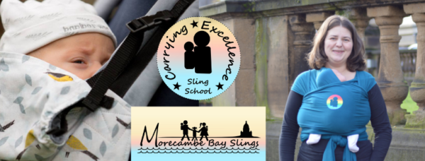 logo for morecambe bay slings, logo for sling school and images of newborn babies in a buckled carrier and in a stretchy wrap