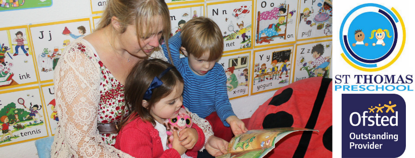 image of the preschool manager reading a book to 2 children cuddled up to her, then the st thomas preschool logo and the ofsted outstanding provider badge